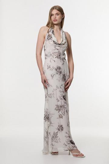 Sheer Viscose Georgette Sketchy Floral Deep V Woven Halter Neck Dress floral
