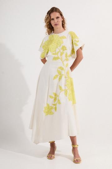 Petite Applique And Beaded Linen Woven Midi Dress With Tie Back Detail lime