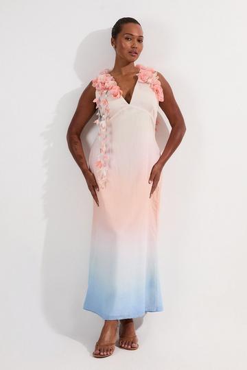 Blue Plus Size Ombre Applique Woven Halter Woven Maxi Dress