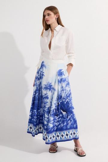 Viscose Linen Scenic Print With Top Stitch Woven Maxi Skirt navy