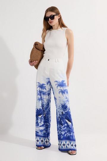 Viscose Linen Scenic Print With Top Stitch Woven Pants navy