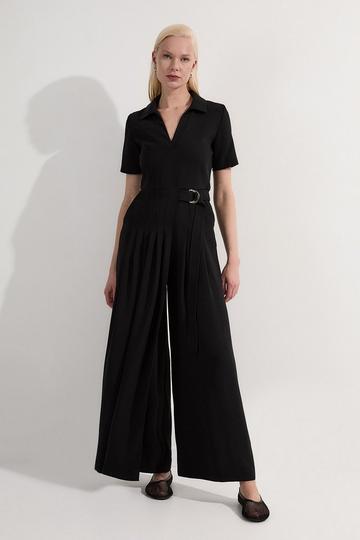 Black Soft Tailored Pleated Belted Jumpsuit