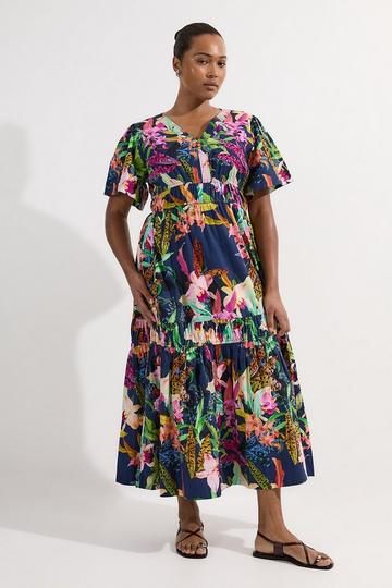 Multi Plus Size Shirred Cotton Tiered Floral Print Woven Maxi Dress
