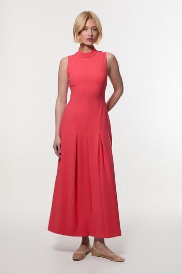 Petite Compact Stretch High Neck Open Back Tailored Maxi Dress hot pink