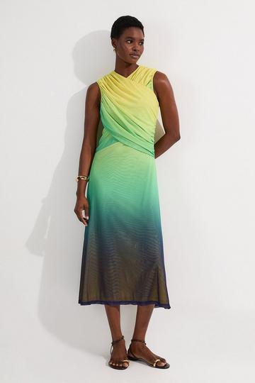 Tall Sunset Ombre Mesh Wrap Bodice Jersey Maxi Dress green