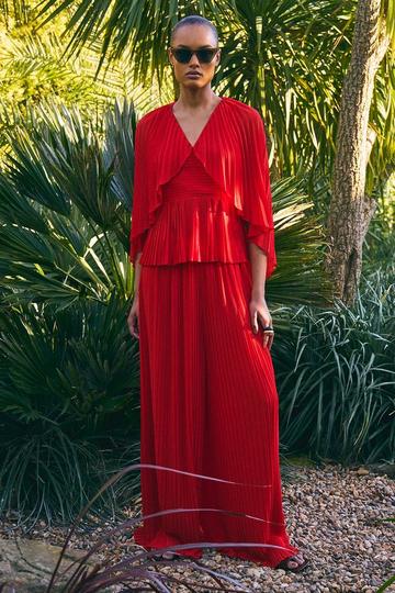 Red Pleated Cape Sleeve Plunge Neck Woven Top