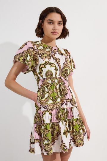 Petite Shirred Cotton Tiered Tile Print Woven Mini Dress multi