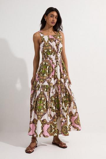 Tall Shirred Cotton Tiered Tile Print Woven Maxi Dress multi
