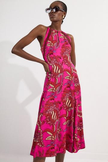 Viscose Floral Print Linen Lace Trim Insert Woven Halter Neck Maxi Dress fuchsia
