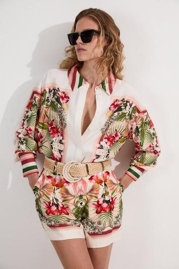 Tall Mirrored Viscose Linen Floral Print Woven Shirt multi