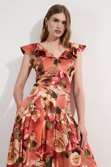 Orange Linen Viscose Floral Printed Woven Ruffle Detail Top