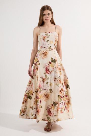 Linen Viscose Floral Printed Woven Maxi Prom Dress floral