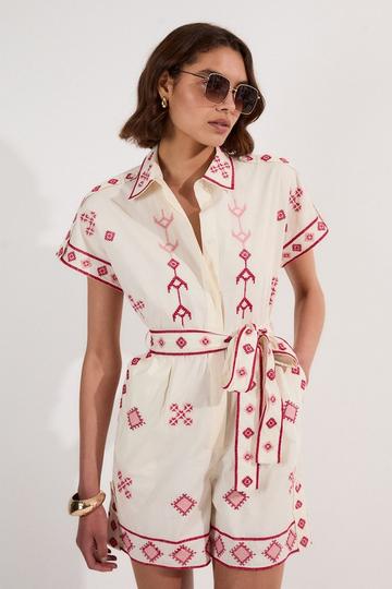 Petite Cotton Embroidered Woven Playsuit ivory