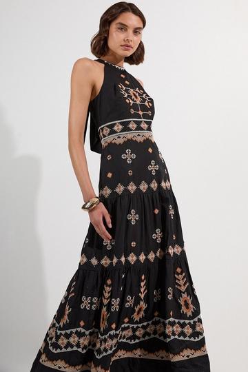 Cotton Embroidered Woven Halter Maxi Dress black