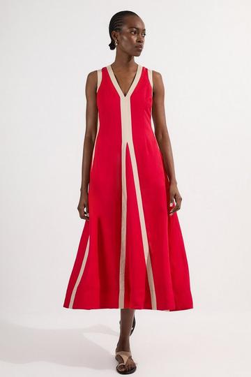Red Contrast Linen Plunge Neck Woven Maxi Dress