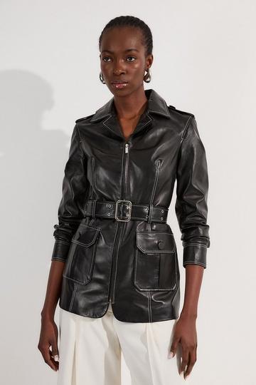 Black Leather Stitch Detail Tailored Belted Jacket