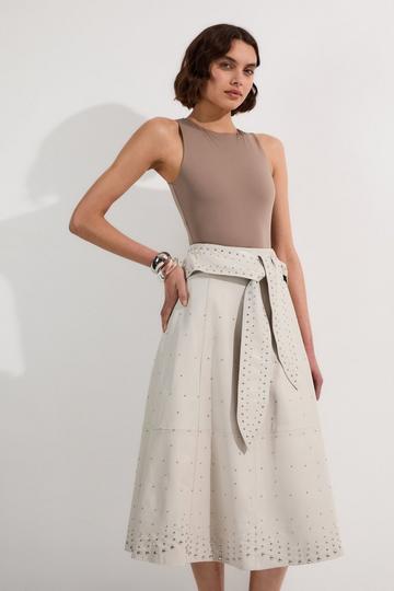 Studded Leather Tie Belted Full Midi Skirt ivory