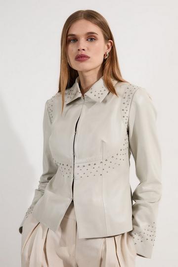 Studded Leather High Collar Tailored Jacket ivory