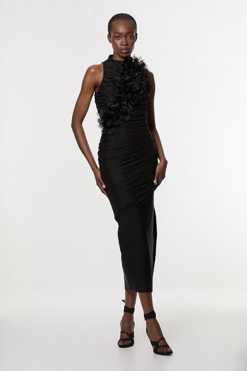 Black Gathered Fabric Bandage Knitted Maxi Dress