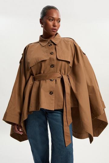 Camel Beige Plus Size Cape Detail Trench Coat