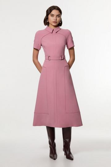 Pink Petite Compact Stretch Tab Detail Full Skirted Midi Dress