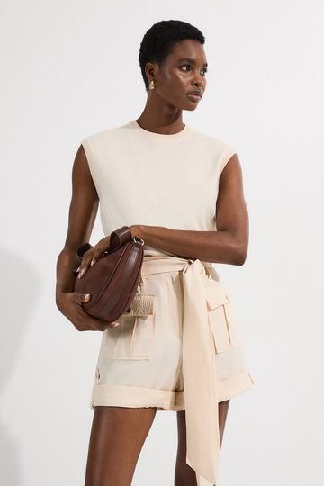 Linen Twill Top Stitch Belted Woven Short ivory