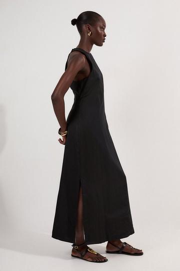 Viscose Linen Halter Open Back Woven Column Dress black