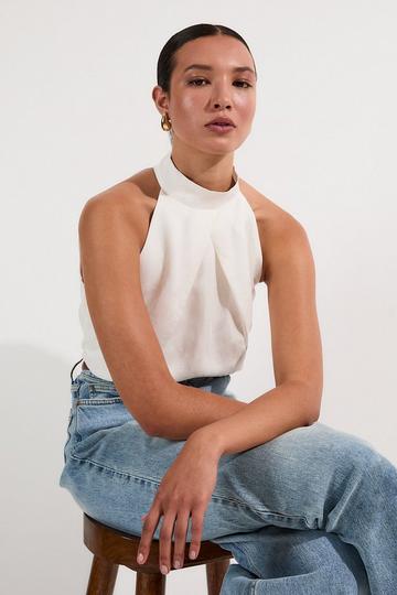 Viscose Linen Cross Front Halter Neck Woven Top white