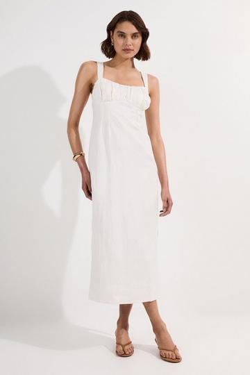 White Viscose Linen Ruched Detail Strappy Woven Midi Dress
