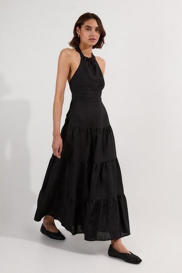 Black Viscose Linen Halter Tiered Woven Maxi Dress