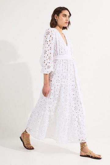 Cotton Eyelet Belted Short Sleeve Woven Midi Dress white
