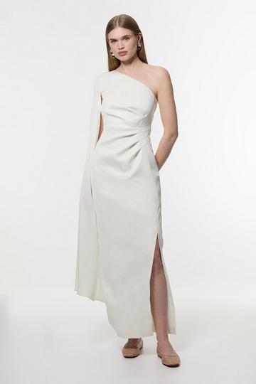 Satin Drape One Shoulder Tailored Maxi Dress ivory