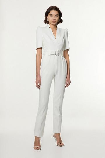 Petite Structured Crepe Forever Belted Jumpsuit ivory