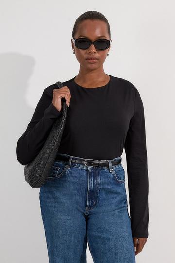 Plus Size Stretch Cotton Crew Neck Long Sleeve Top black