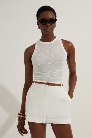 Premium Linen Viscose Tailored Turn Up Hem Shorts ivory