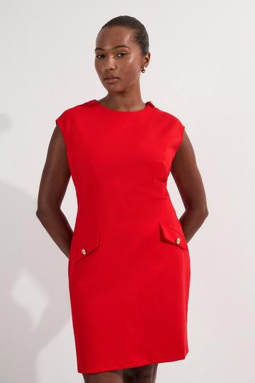 Plus Size Ponte Structured Mini Dress With Gold Button Detail red