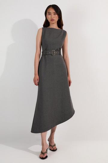 Asymmetric Hem Belted Ponte Dress grey