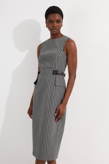 Black Jacquard Tab Waist Detail Tailored Midi Dress