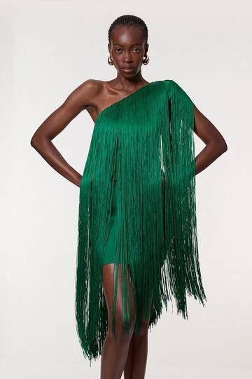 Tall Figure Form Bandage One Shoulder Fringe Mini Knit Dress green
